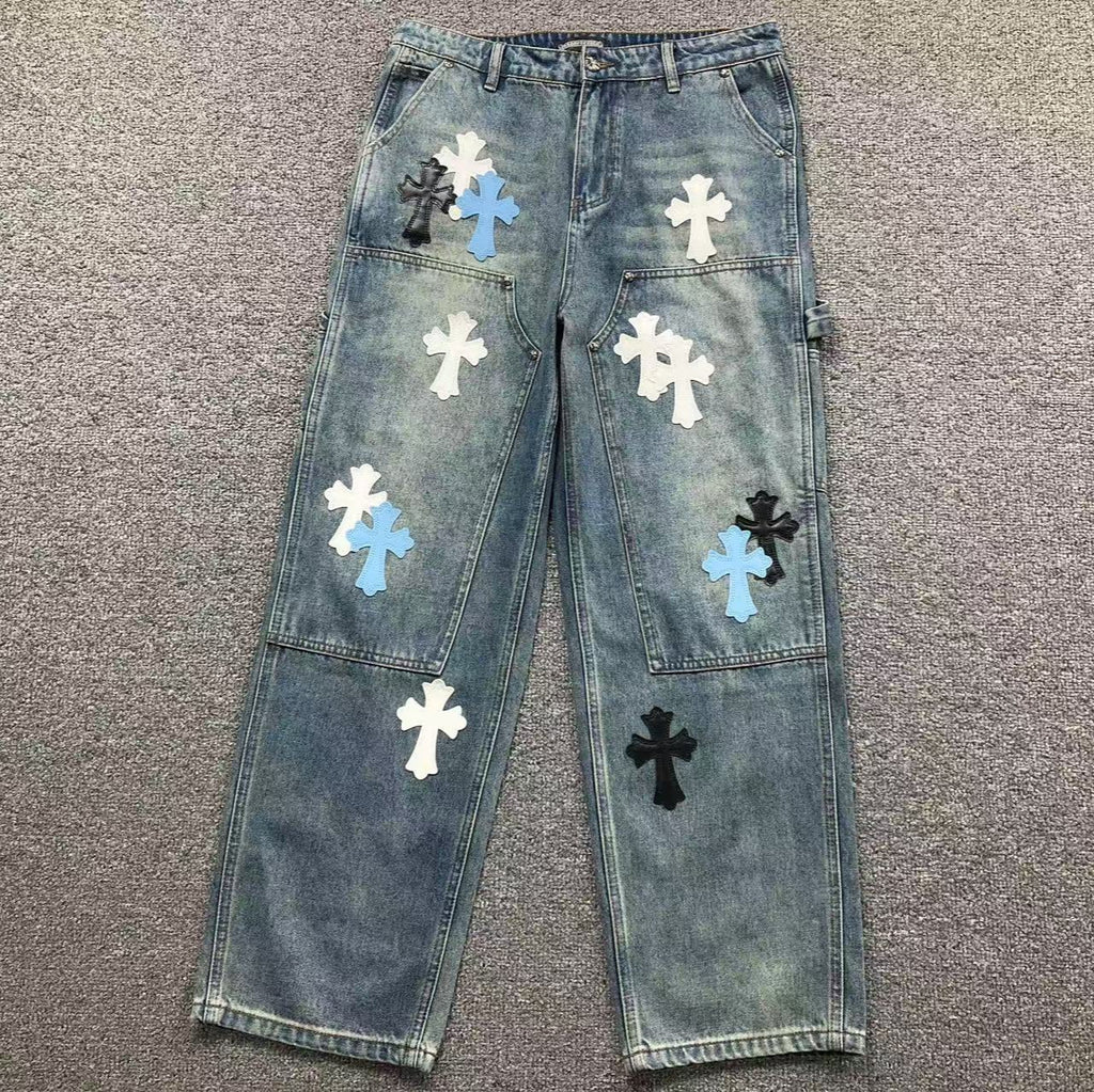 White Blue & Black Cross Patch Faded Denim Carpenter Jeans™