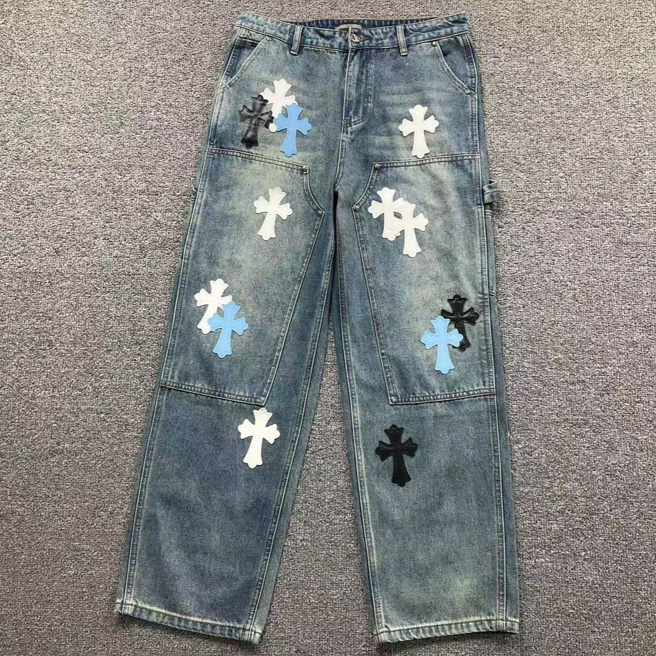 White Blue & Black Cross Patch Faded Denim Carpenter Jeans™