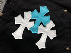Blue & White Cross Patch Black Zipper Jeans™