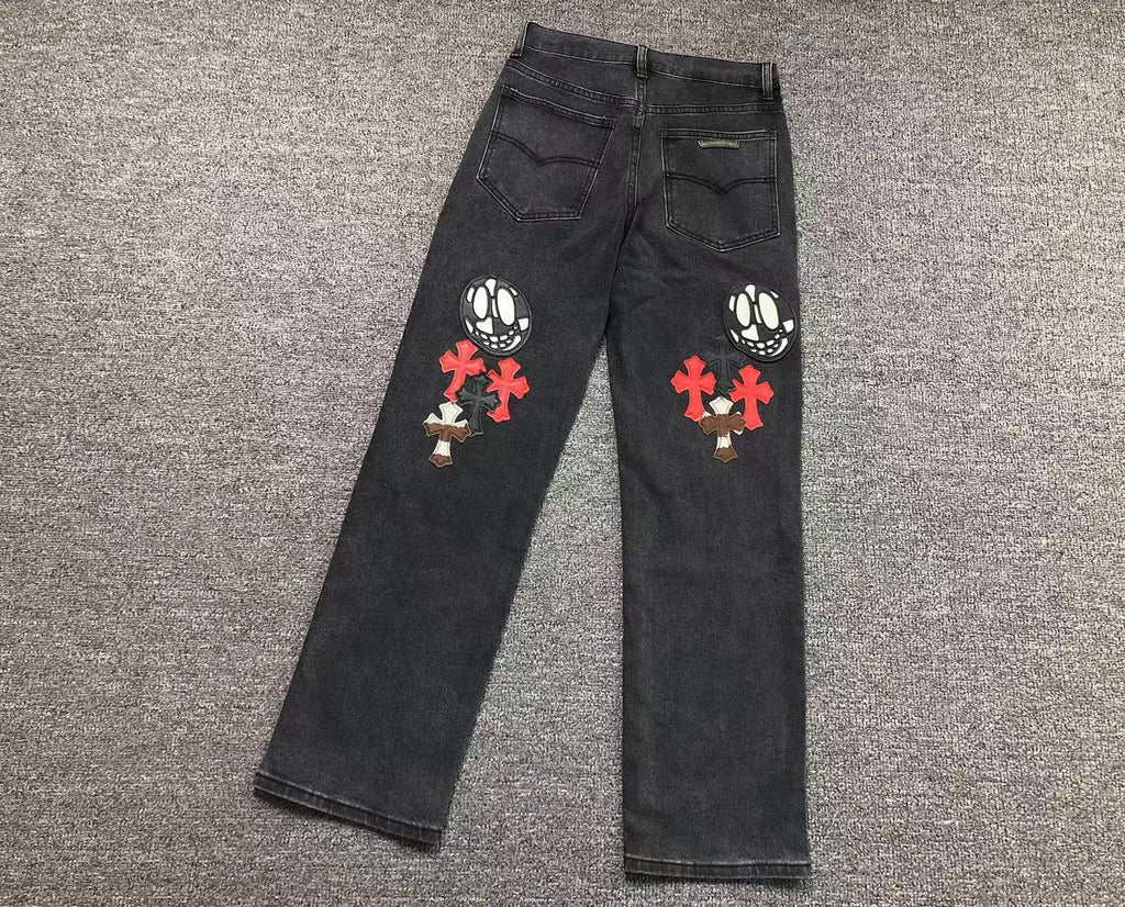 Multicolor Cross & Smiley Patch Grey Denim Jeans™