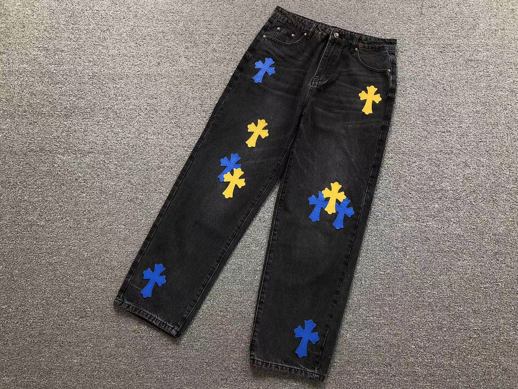 Blue & Yellow Cross Patch Black Jeans™