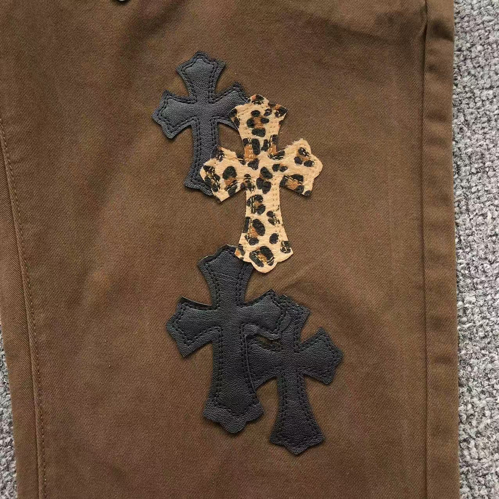 Black & Leopard Cross Patch Brown Denim Jeans