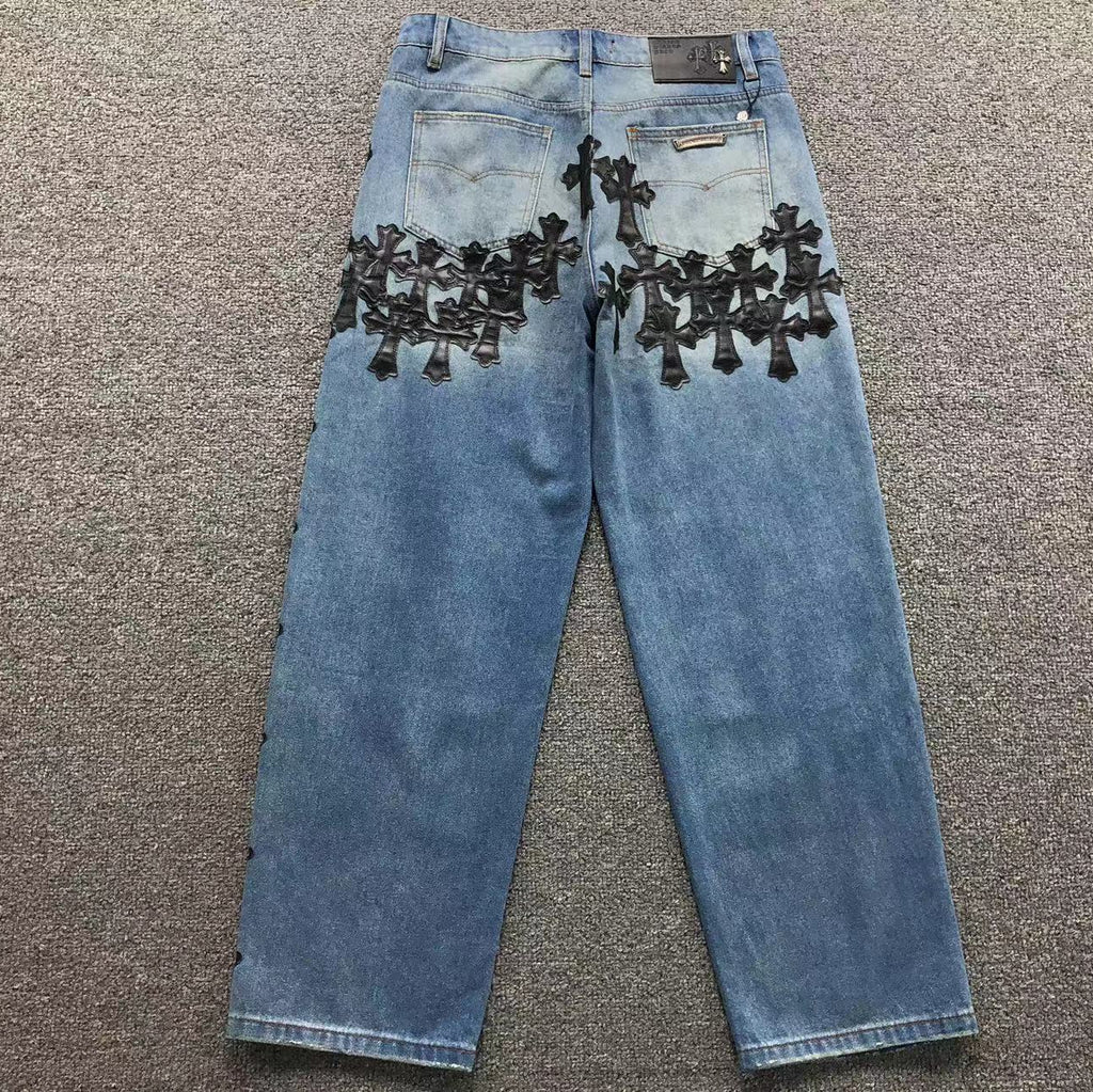 Stacked Black Crosses Denim Jeans™