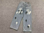 Black & White Cross Patch Light Denim Baggy Jeans™