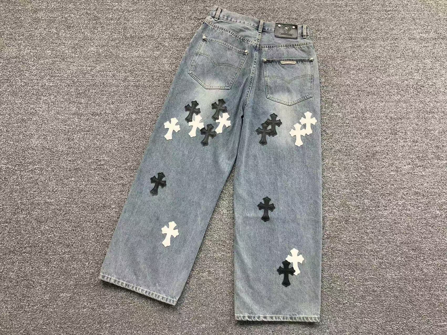 Black & White Cross Patch Light Denim Baggy Jeans™