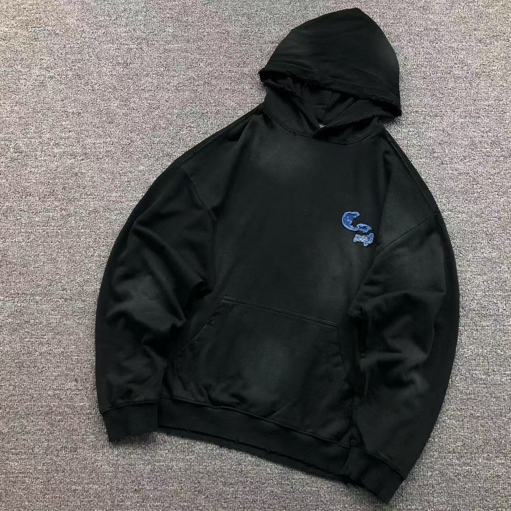 Washed Torn Embroidery Black Hoodie™