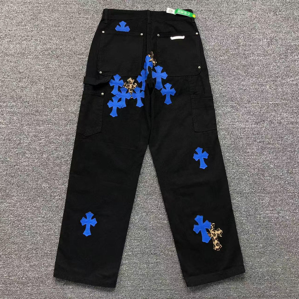 Blue & Leopard Cross Patch Black Carpenter Pants™
