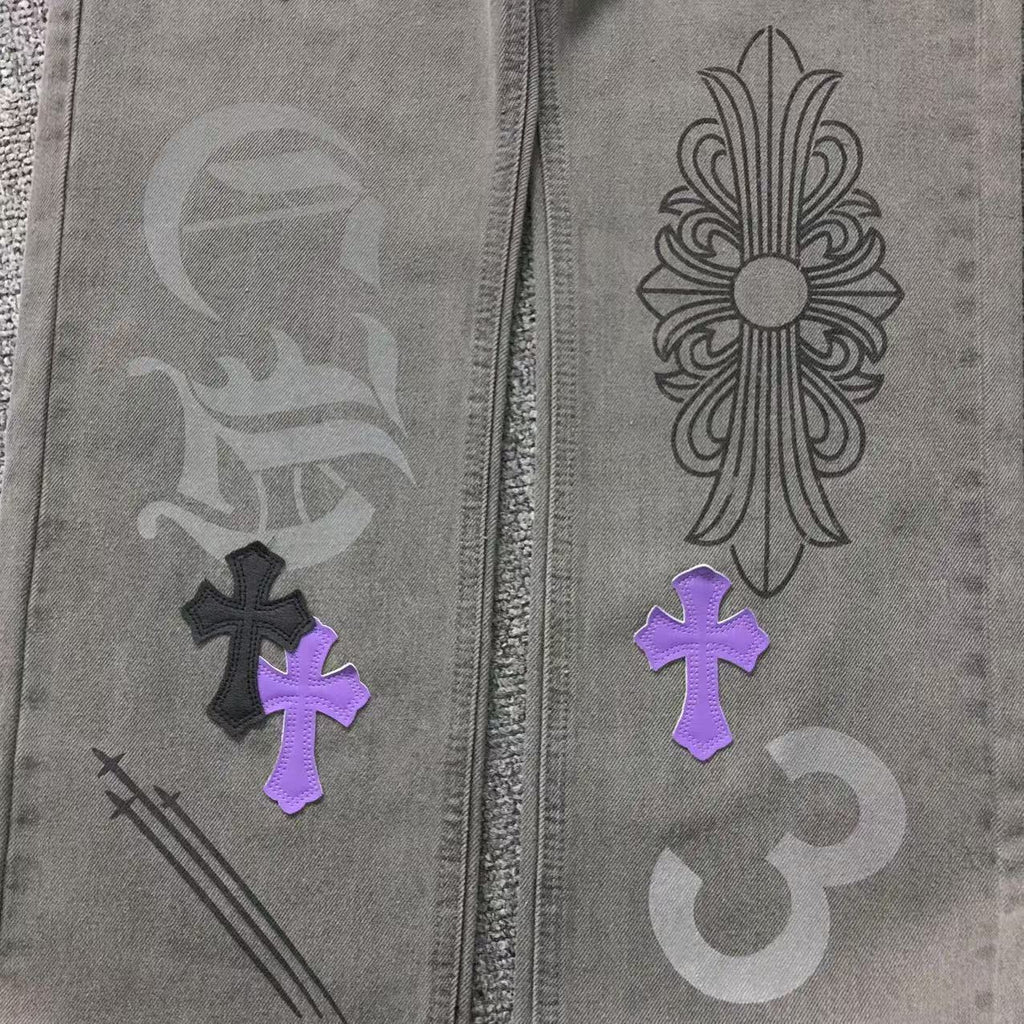Purple & Black Cross Patch Mixed Graphic Grey Denim Jeans™