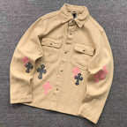 Checkered & Pink Cross Beige Denim Jacket