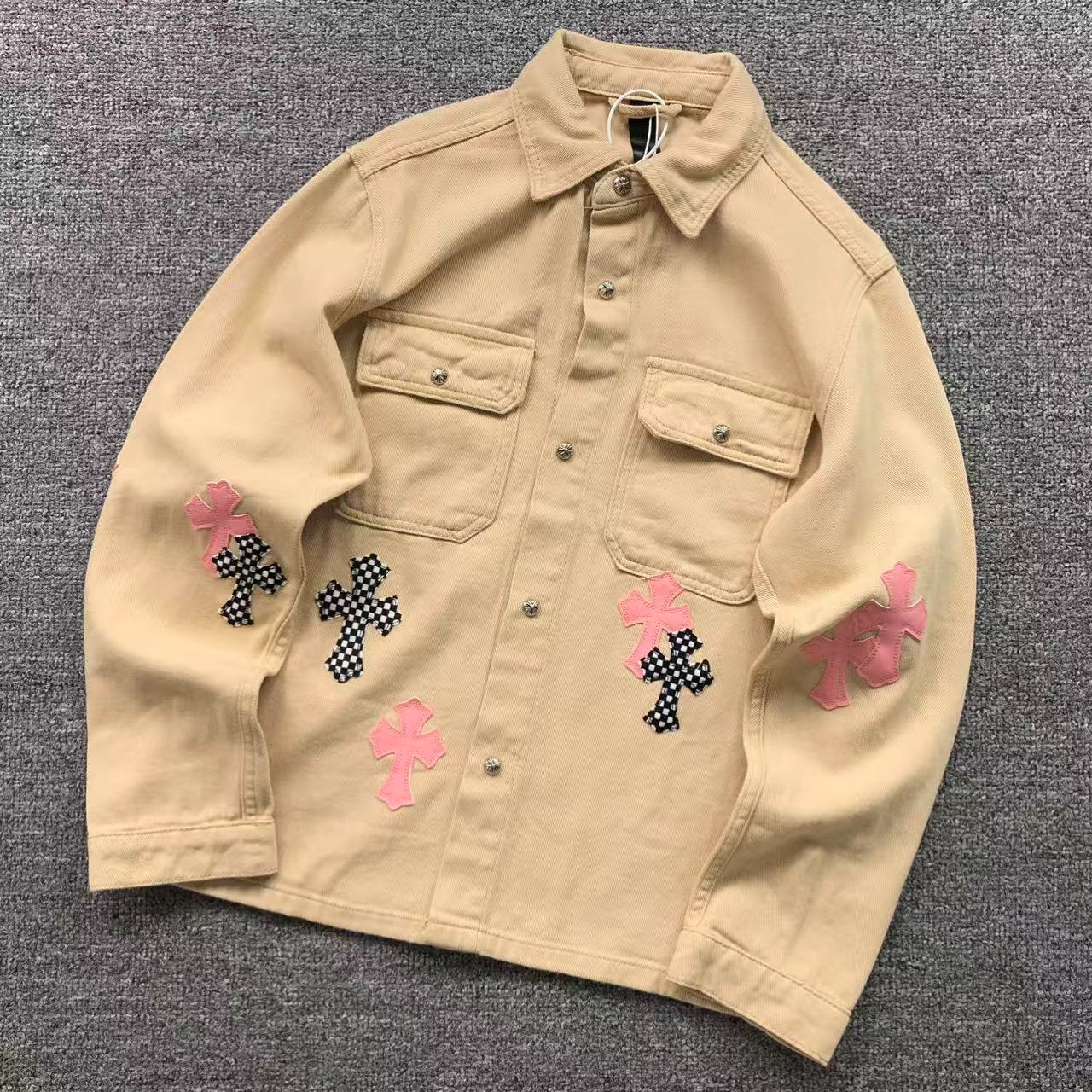 Checkered & Pink Cross Beige Denim Jacket