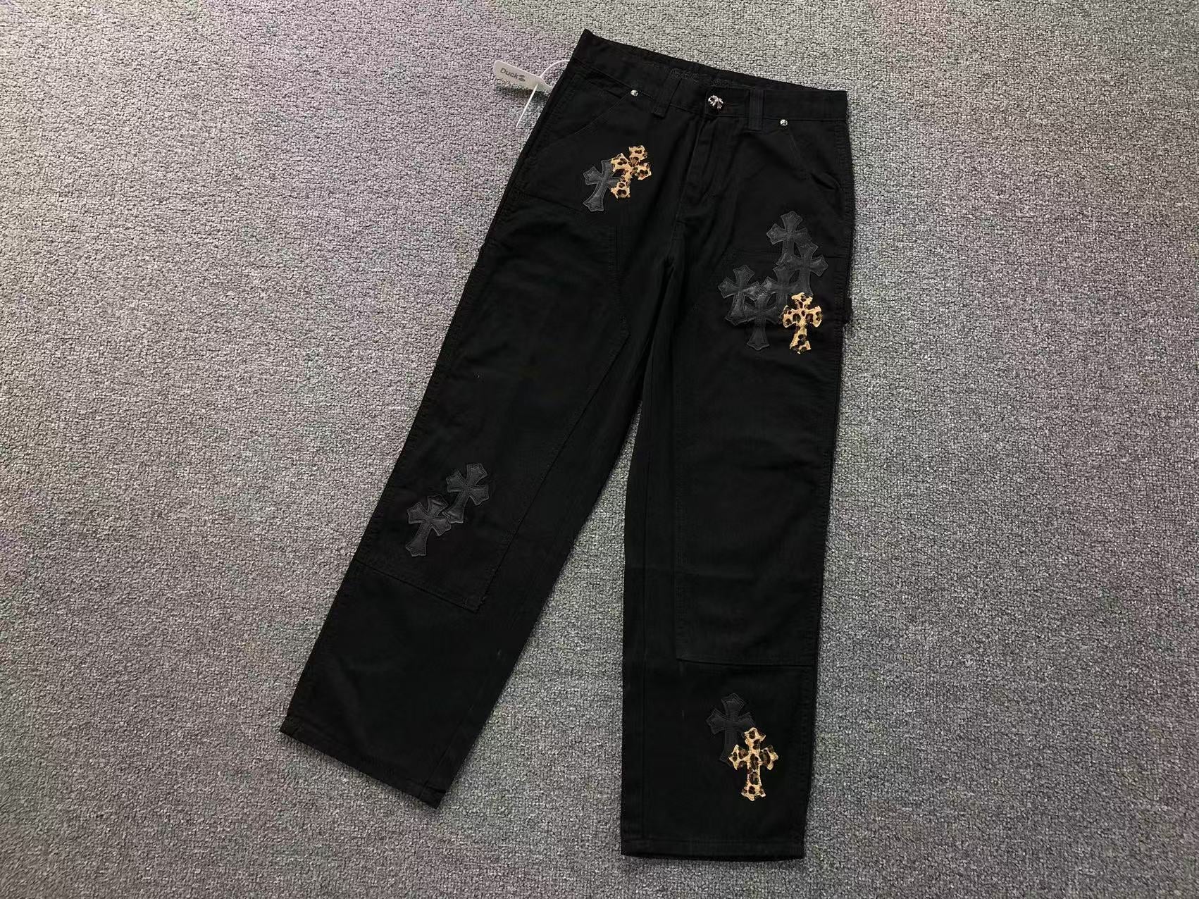 Black & Leopard Cross Patch Black Carpenter Pants™