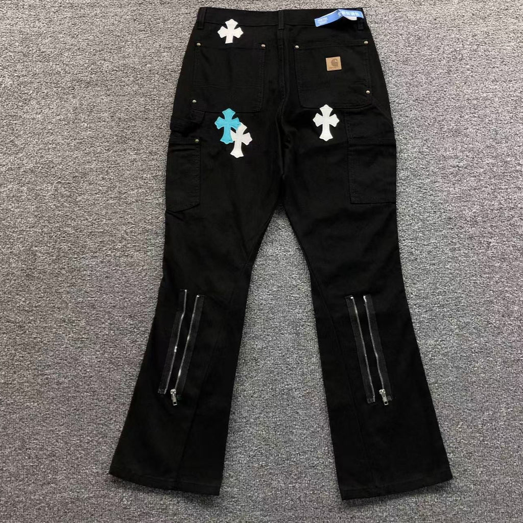 Blue & White Cross Patch Black Zipper Jeans™