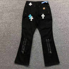 Blue & White Cross Patch Black Zipper Jeans™