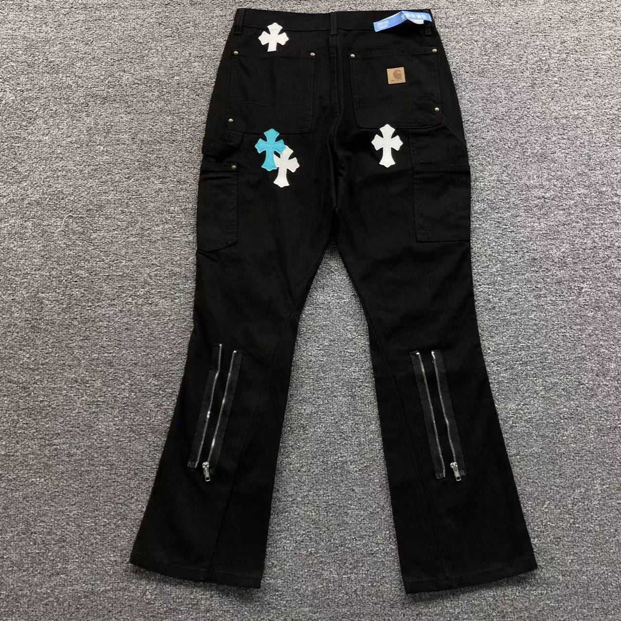Blue & White Cross Patch Black Zipper Jeans™