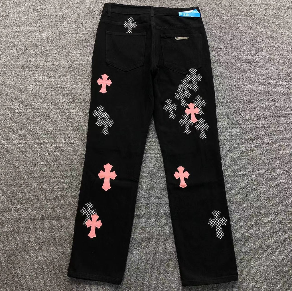 Checkered & Pink Cross Patch Black Jeans™