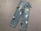 White Blue & Black Cross Patch Faded Denim Carpenter Jeans™