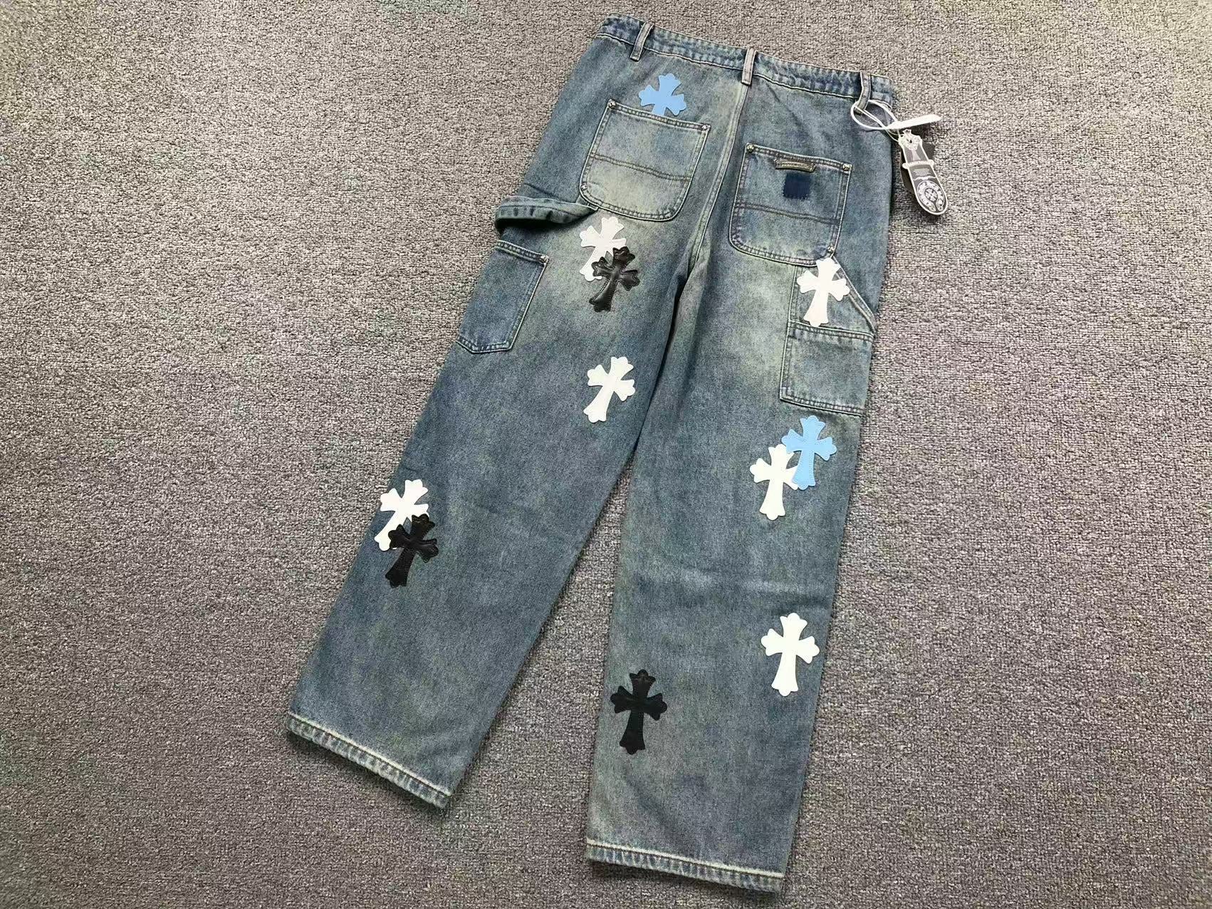 White Blue & Black Cross Patch Faded Denim Carpenter Jeans™