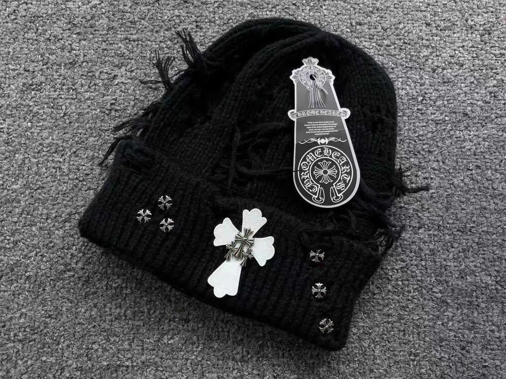 Leather & Metallic Cross Torn Knit Beanie™