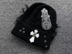 Leather & Metallic Cross Torn Knit Beanie™