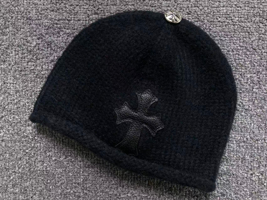 Black Leather Cross Knit Beanie™