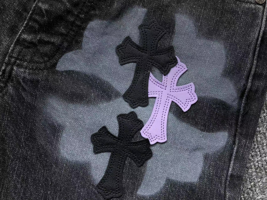Purple & Black Cross Patch Mixed Graphic Black Denim Jeans™