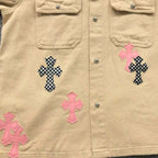 Checkered & Pink Cross Beige Denim Jacket