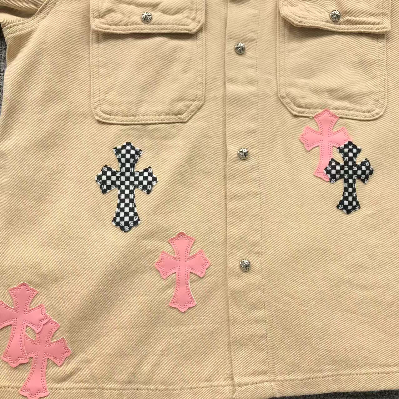 Checkered & Pink Cross Beige Denim Jacket