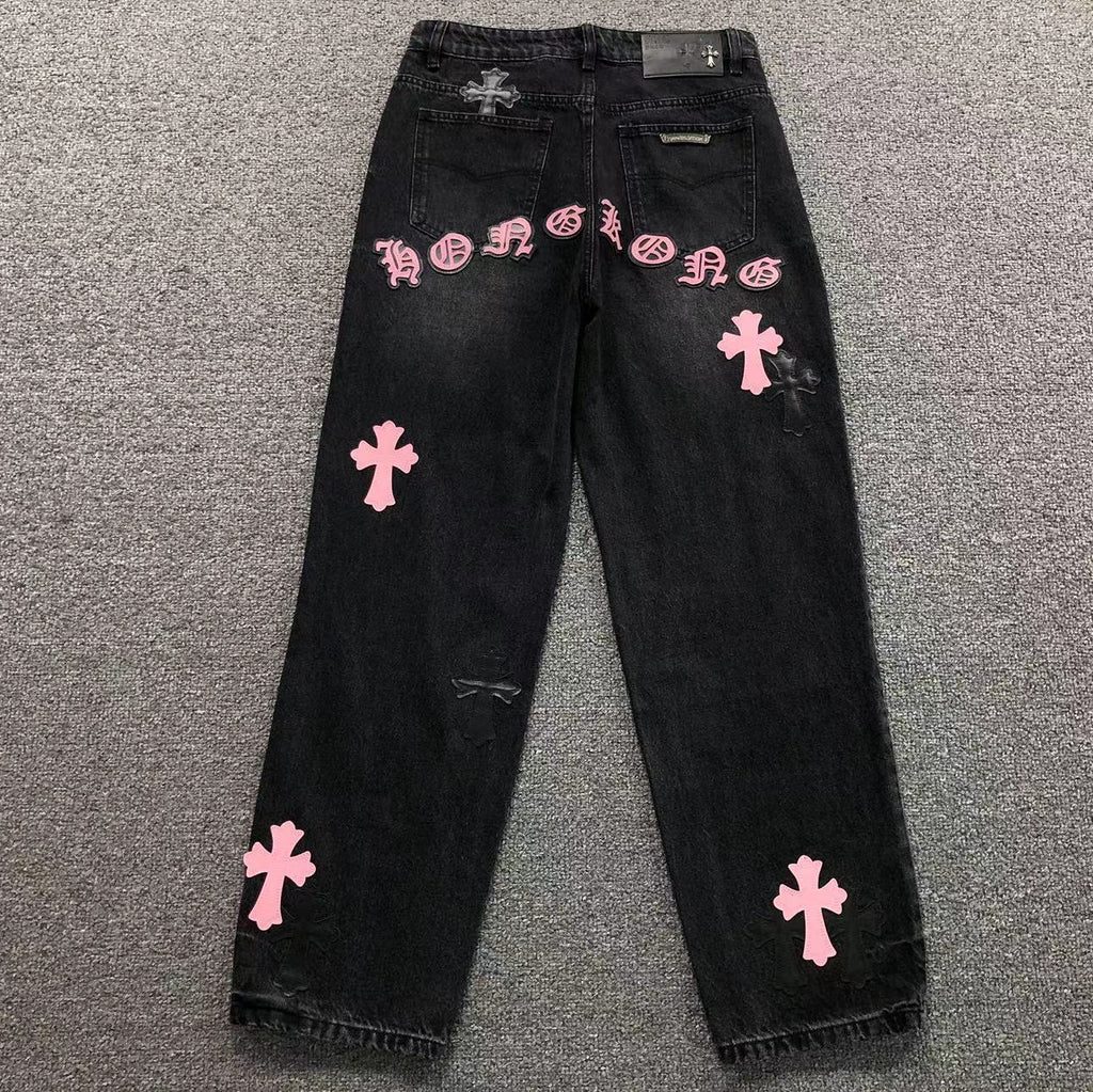 Black & Pink Cross Patch Black Jeans™