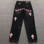 Black & Pink Cross Patch Baggy Black Jeans™