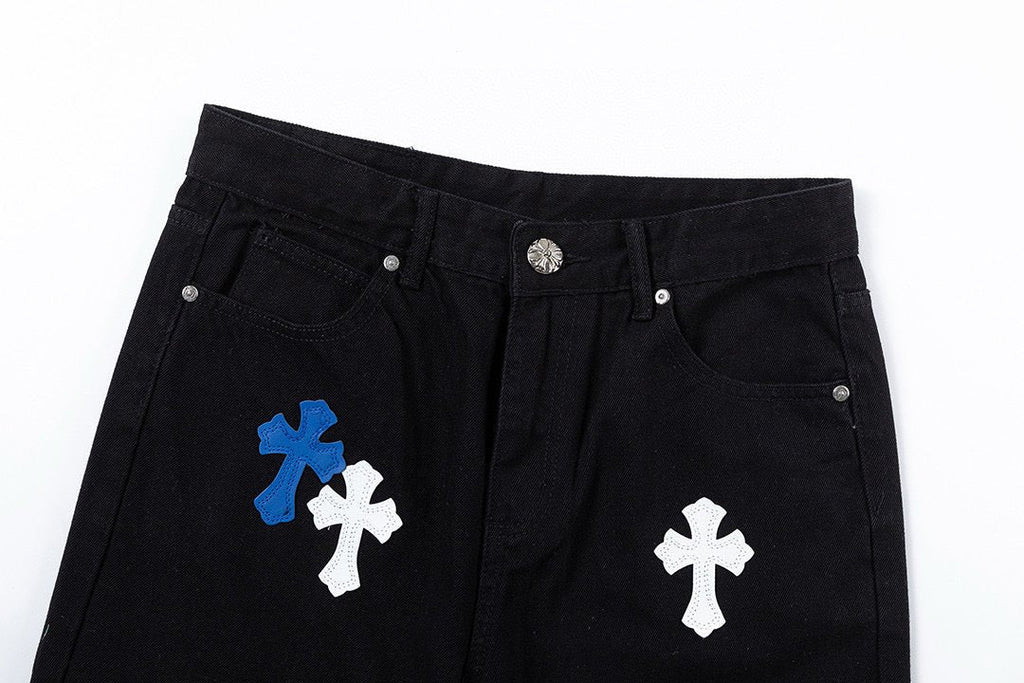Blue & White Cross Patch Black Jeans™