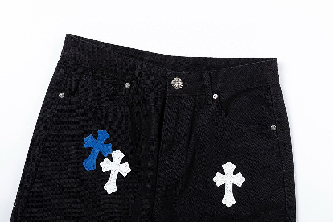 Blue & White Cross Patch Black Jeans™