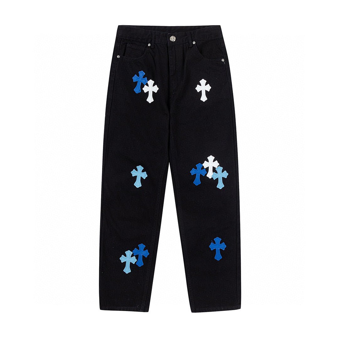Blue & White Cross Patch Black Jeans™