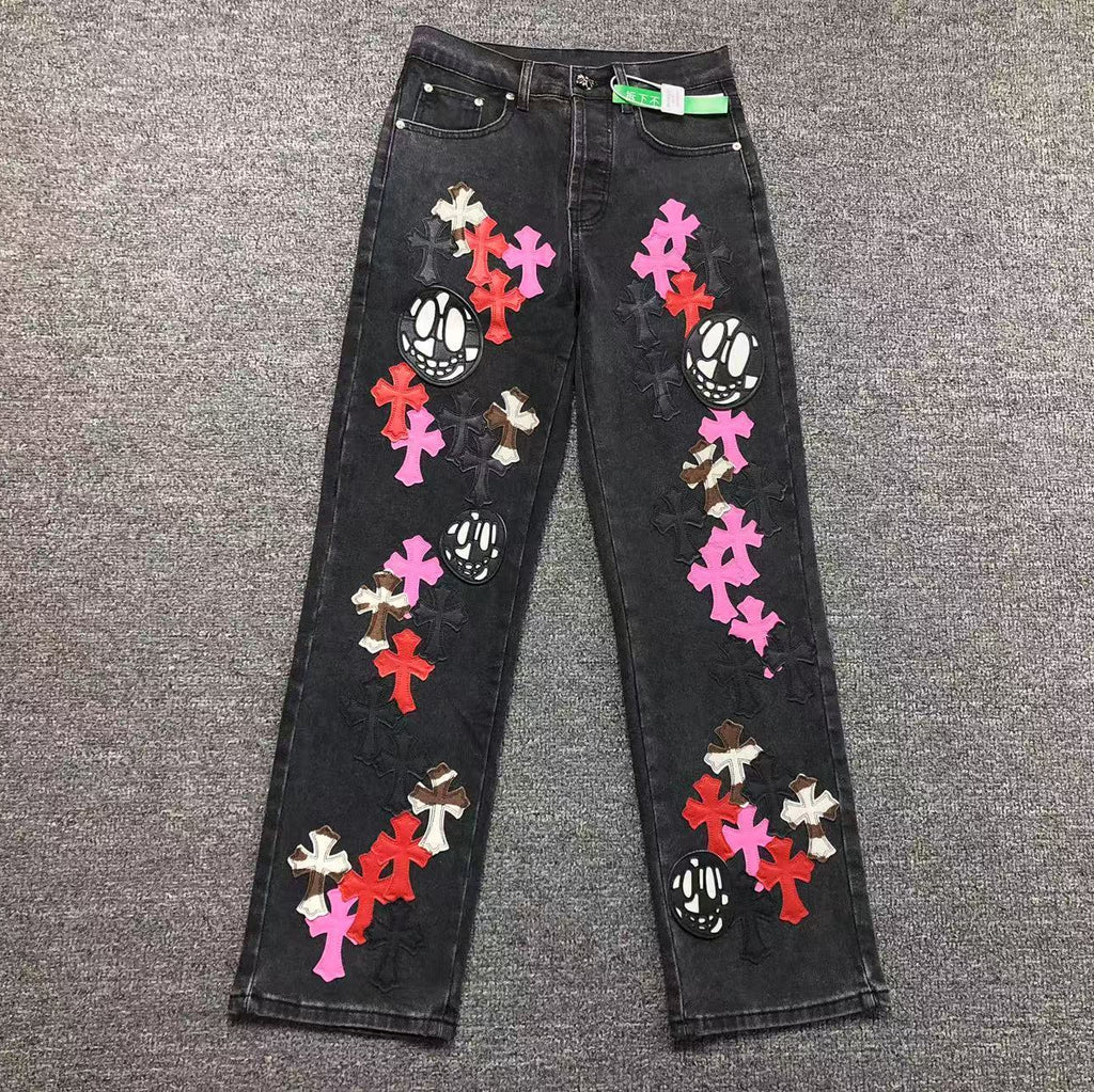 Multicolor Cross & Smiley Patch Grey Denim Jeans™