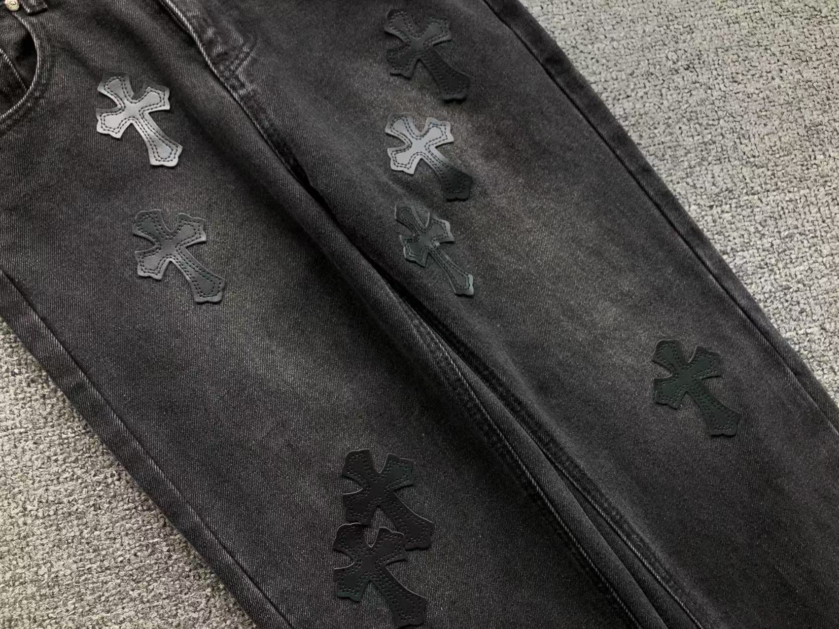 Black Leather Cross Patch Black Denim Jeans™