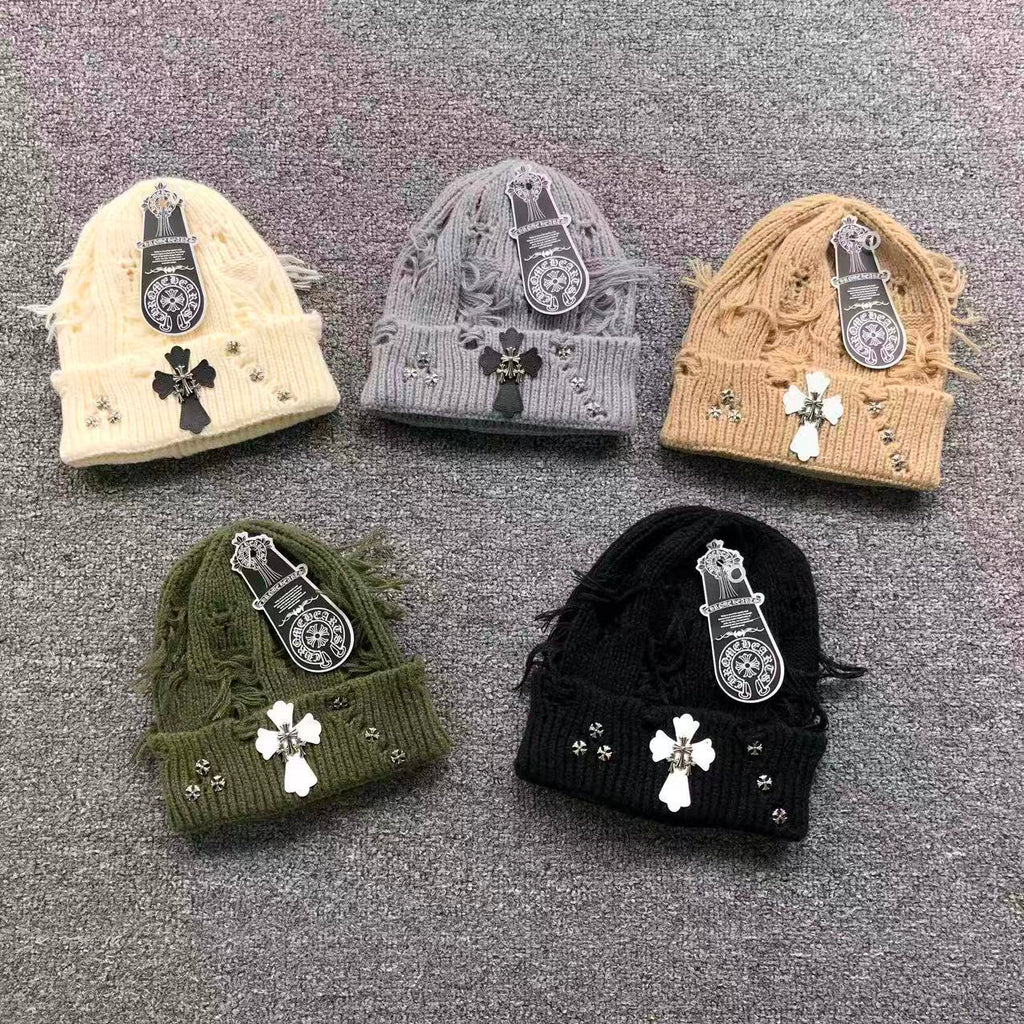 Leather & Metallic Cross Torn Knit Beanie™