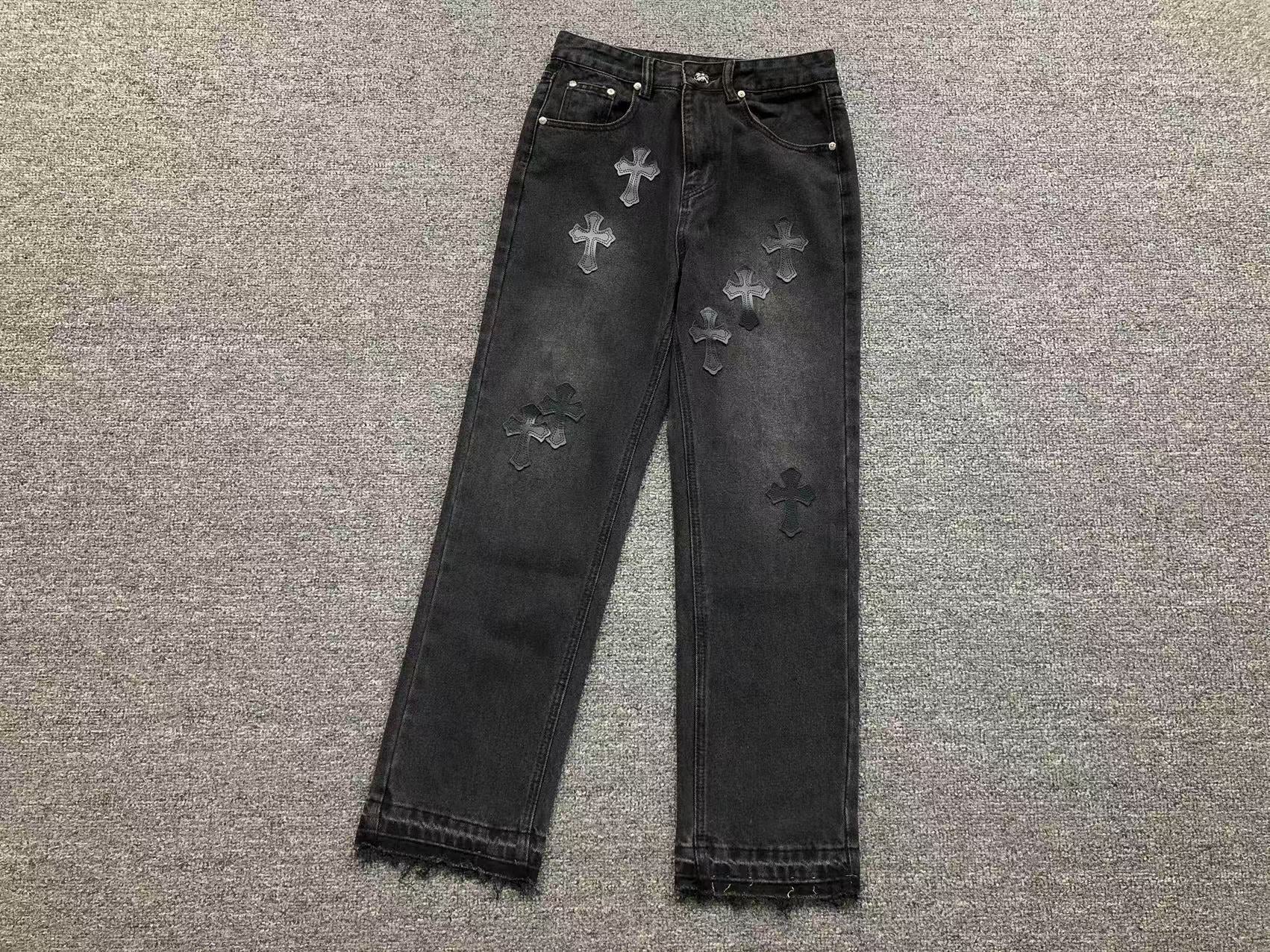 Black Leather Cross Patch Black Denim Jeans™