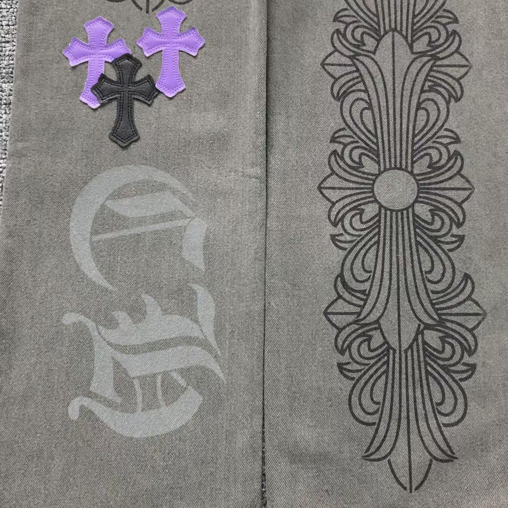 Purple & Black Cross Patch Mixed Graphic Grey Denim Jeans™