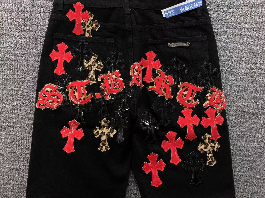Black Red & Leopard Cross Patch Typography Logo Black Jeans™