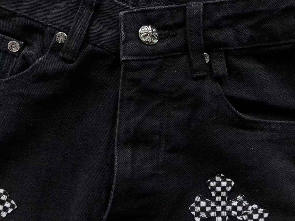 Pink & Checkered Cross Patch Black Denim Jeans™