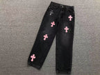 Black & Pink Cross Patch Baggy Black Jeans™