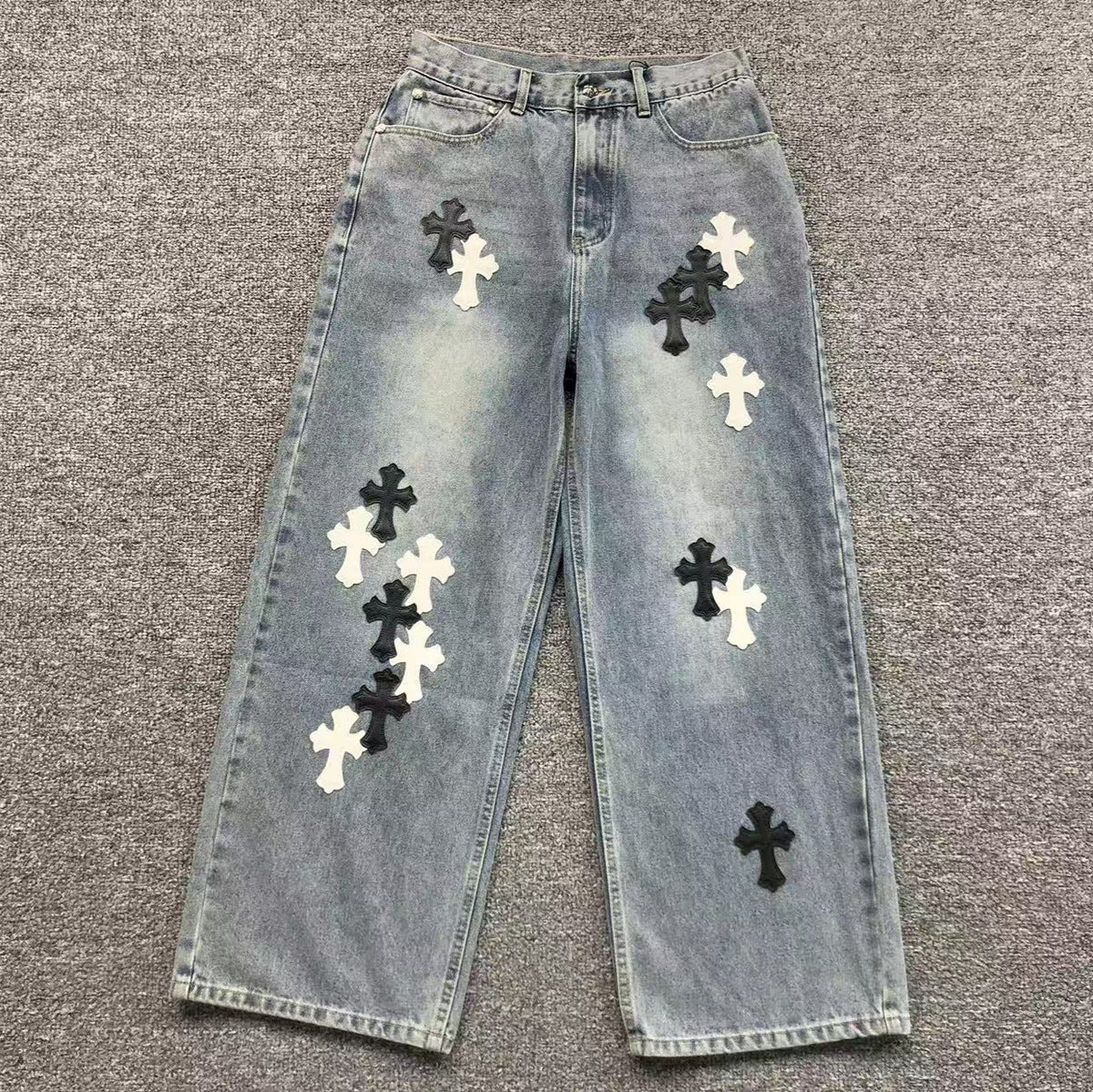 Black & White Cross Patch Light Denim Baggy Jeans™
