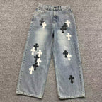 Black & White Cross Patch Light Denim Baggy Jeans™