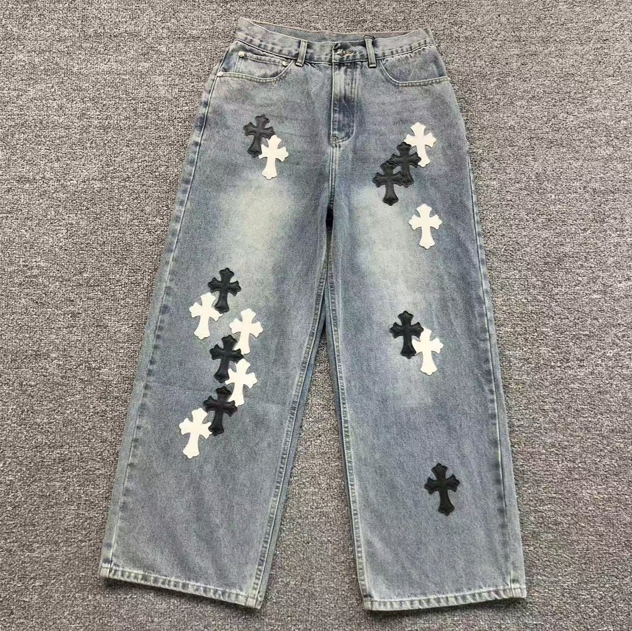 Black & White Cross Patch Light Denim Baggy Jeans™