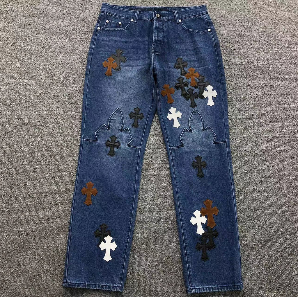 Brown Black & White Cross Patch Blue Denim Jeans™
