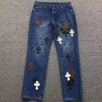 Brown Black & White Cross Patch Blue Denim Jeans™