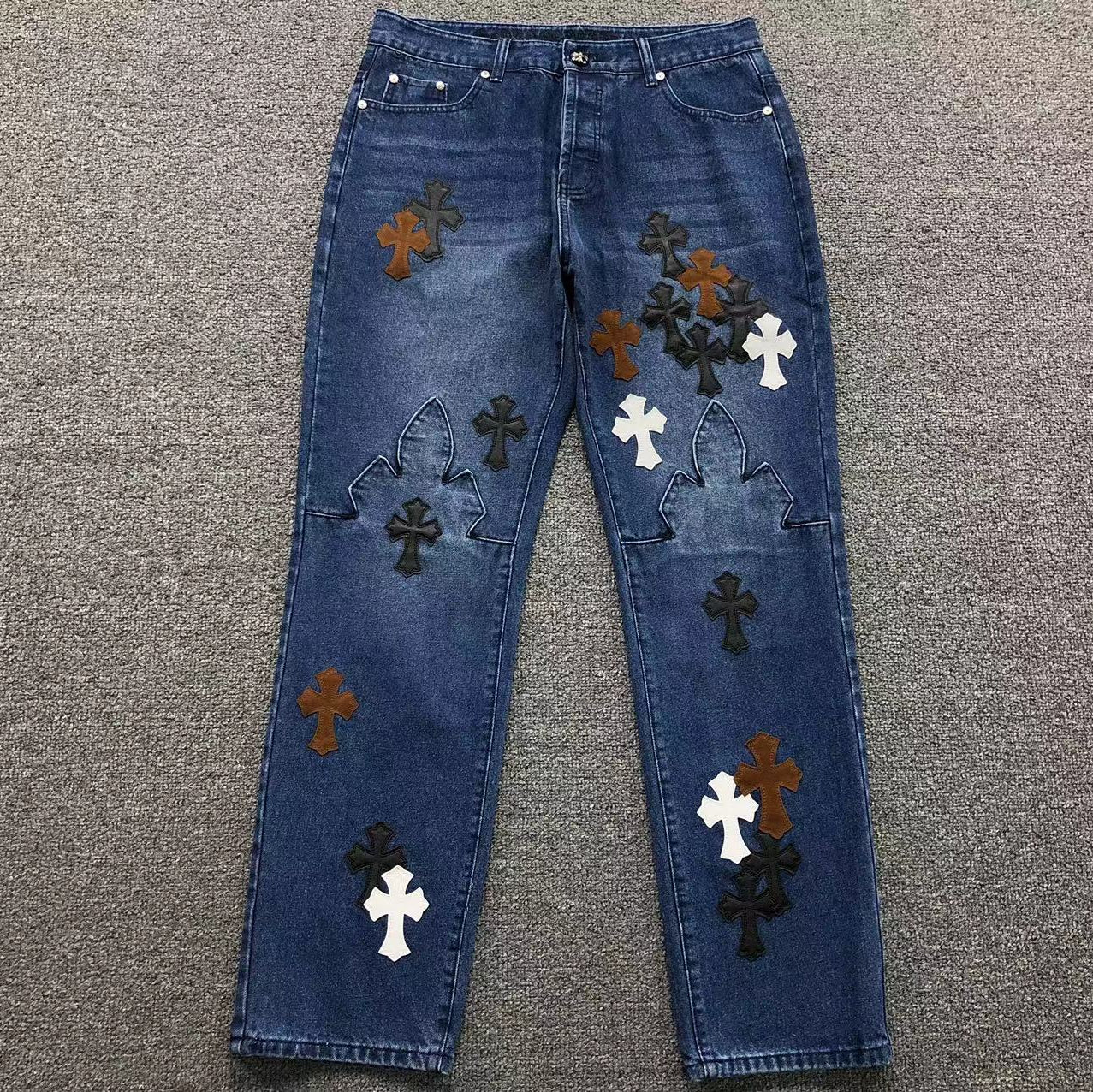 Brown Black & White Cross Patch Blue Denim Jeans™