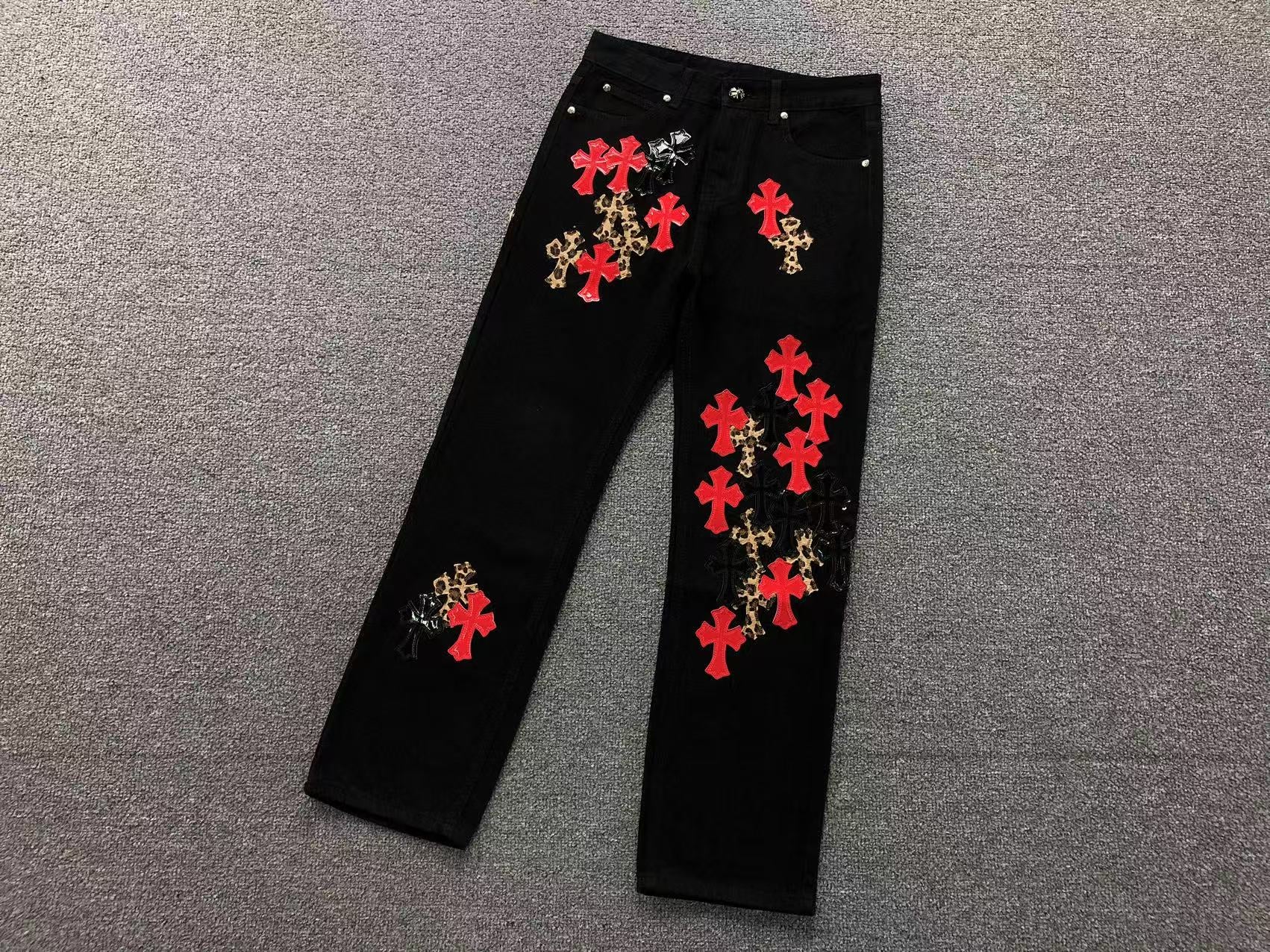 Black Red & Leopard Cross Patch Typography Logo Black Jeans™