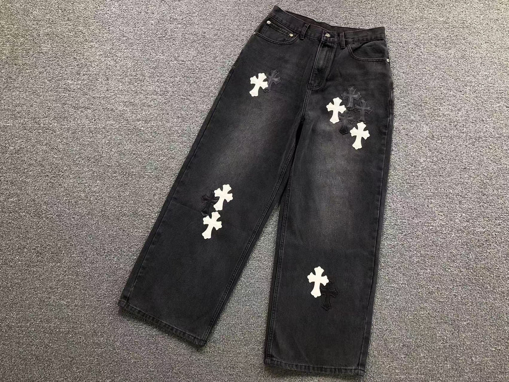 Black & White Cross Patch Baggy Black Jeans™