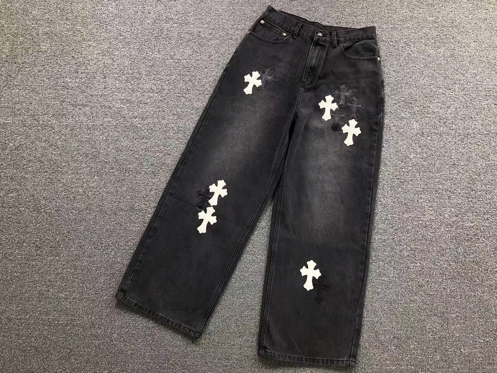 Black & White Cross Patch Baggy Black Jeans™