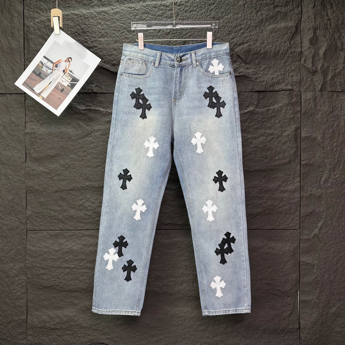 White & Black Cross Patch Light Denim Jeans™